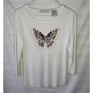 90s/Y2K Off White Beaded Butterfly Top with 3/4 Sleeves Sequins Round Neck Small